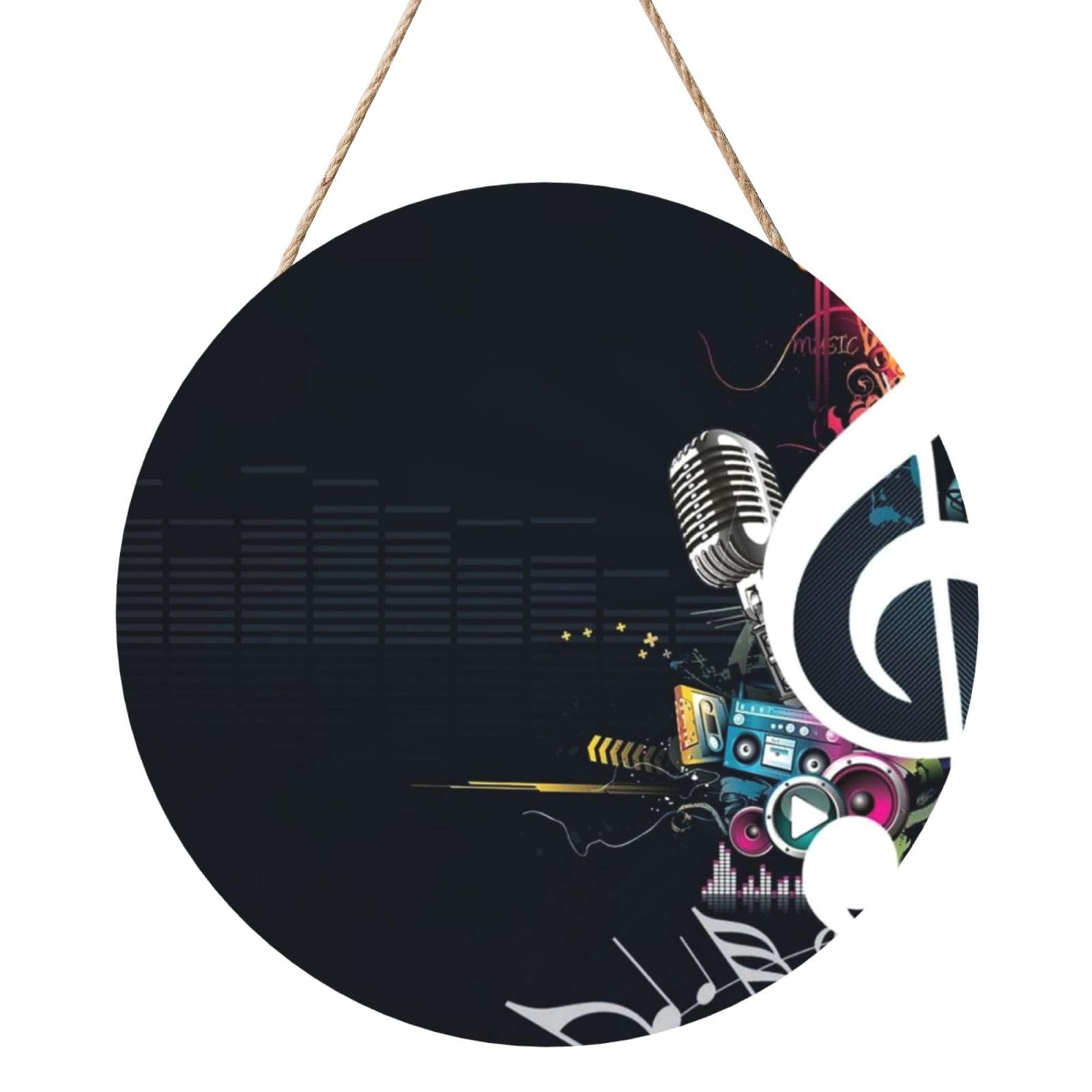 InOmak Abstract Music, Round Wood Panel Painting 12 in, Wall Hanging Painting For Home