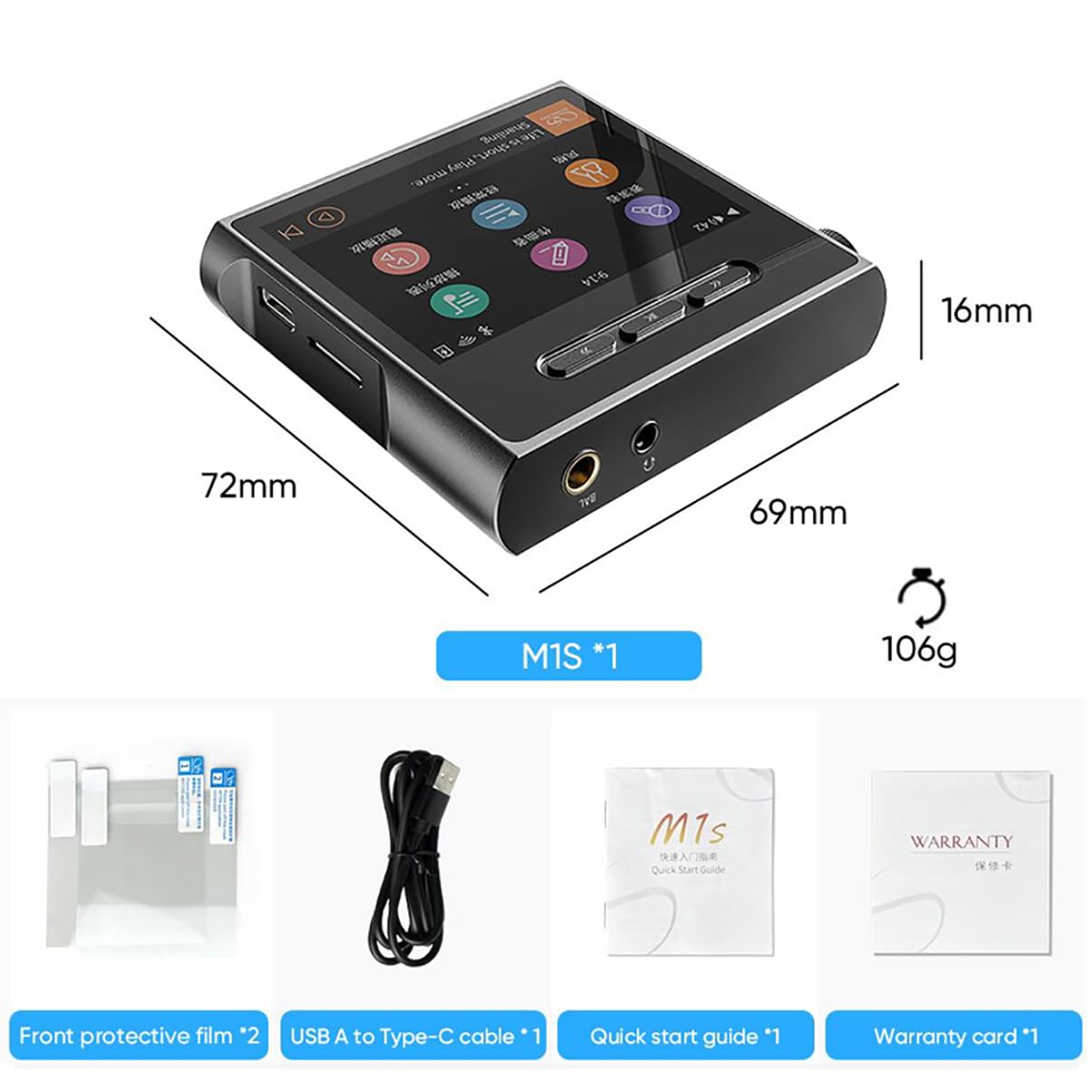 SHANLING M1s HIFI MP3 Odtwarzacz, Cyfrowy odtwarzacz Audio Bluetooth 5.0, ES903802M DSD512 PCM768kHz MQA Bezstratny Przenośny Odtwarzacz Muzyki USB, Wyjście 3,5 mm + 4,4 mm dla audiofilów, Czarny
