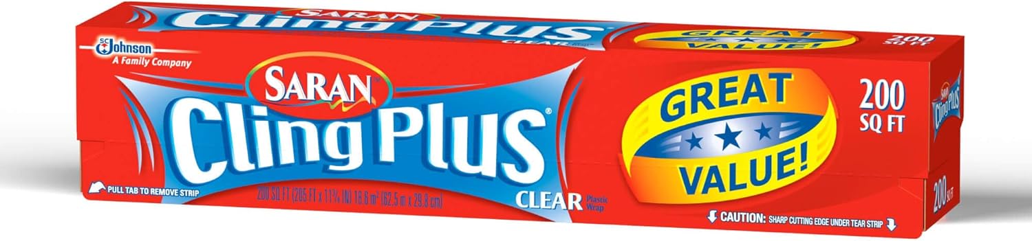 Saran Cling Plus Clear Plastic Wrap, Food Storage, Easy Dispense, 200 Sq Ft Roll