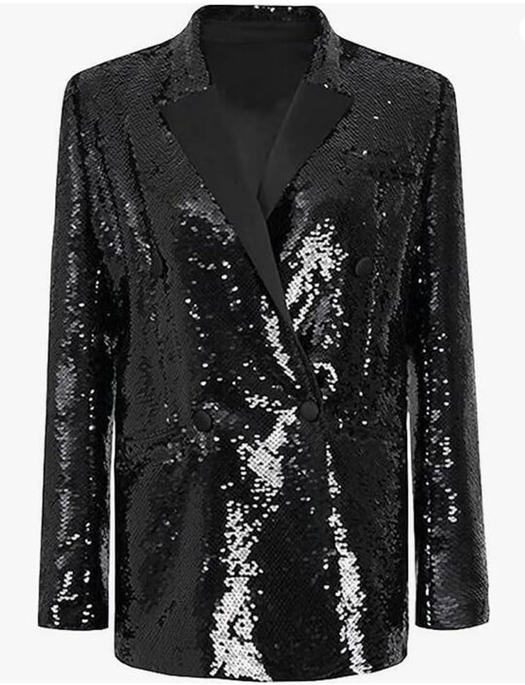 Women's Double Breasted Sequins Blazer Notch Lapel Loose Style Jacket with Long Sleeves Prom Coat