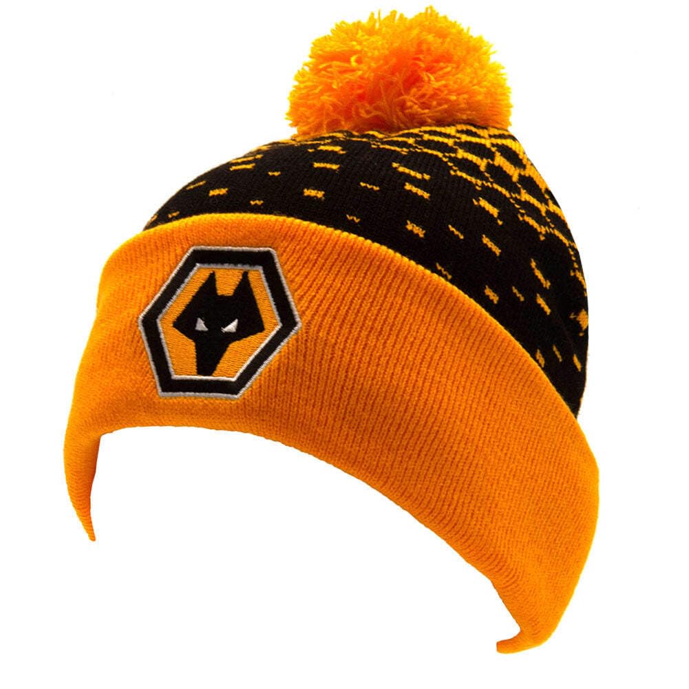 Foco Black Wolverhampton Wanderers Wolves Fc Ski Cuff Knit Beanie Bobble Hat