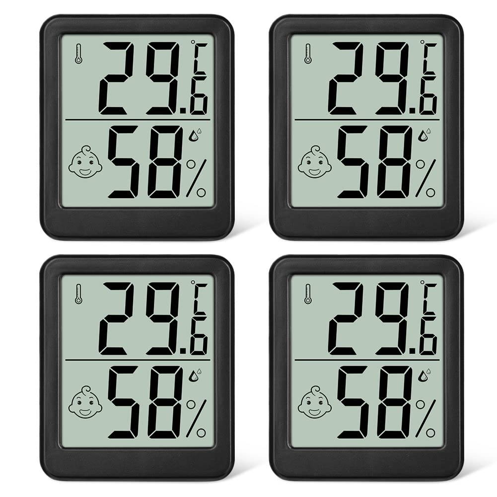 Flintronic Thermometer Hygrometer, 4PCS Digital Mini Thermometer and Hygrometer with Metal Stand, Thermohygrometer with Smile Face Indicating Data for Indoor, Living Room, Baby Room, Office (Black) — view 8