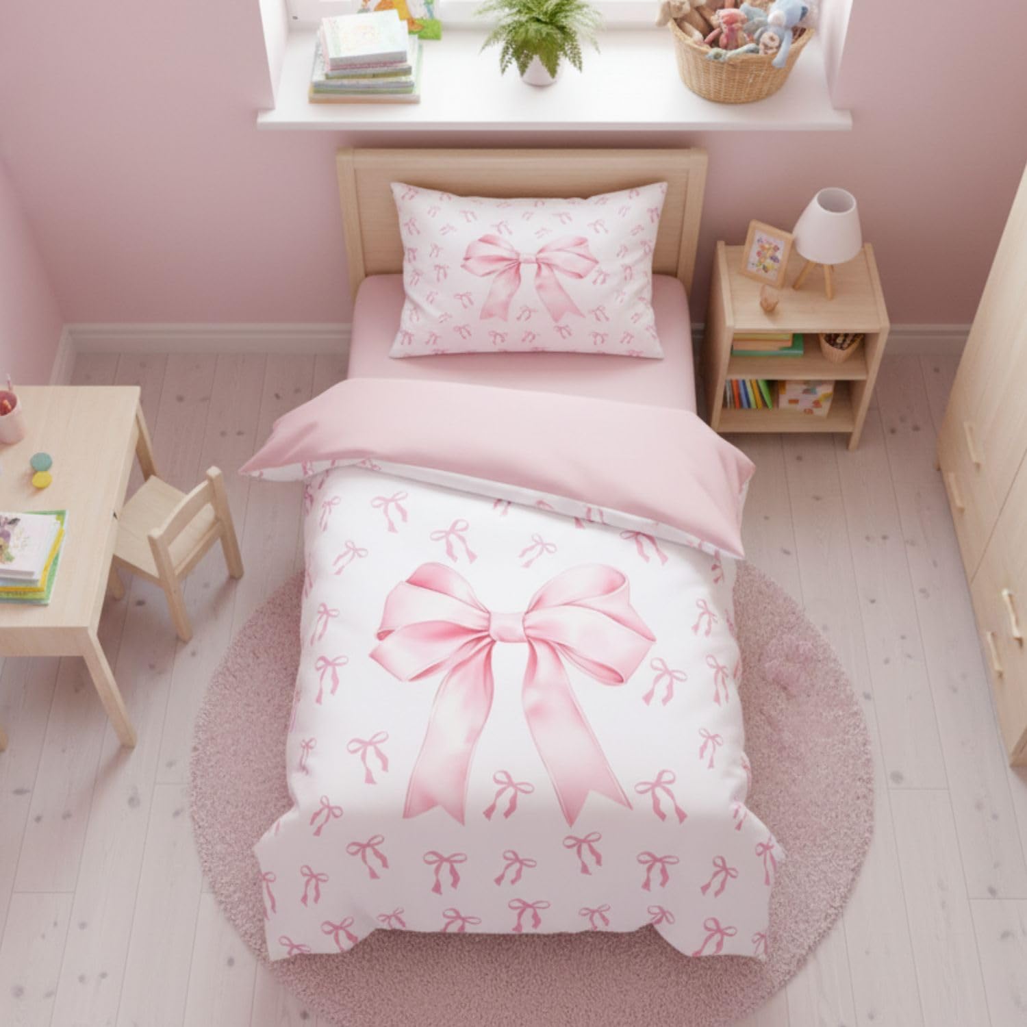 Homewish Girls Pink Bow Bed Set Kawaii Pink Princess Duvet Cover Cot Purple and White Bowknot Bedding Set Dreamy Fairy Tales Quilt Cover for Kids Women