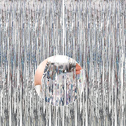 PartyWoo XtraLarge Foil Curtain 2 pcs, 3.3x6.6 ft Tinsel Curtains, Backdrop Curtain, Foil Fringe Curtains, String Curtain, Party Backdrop, Wedding Backdrop for Birthday Party Decorations (Silver)