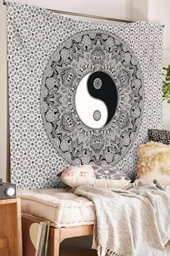 SheetKart Black And White Tapestry, YinYang Wall Hanging Tapestry, Mandala Tapestries, Indian Traditional Cotton Printed Bohemian Hippie Small Wall Art