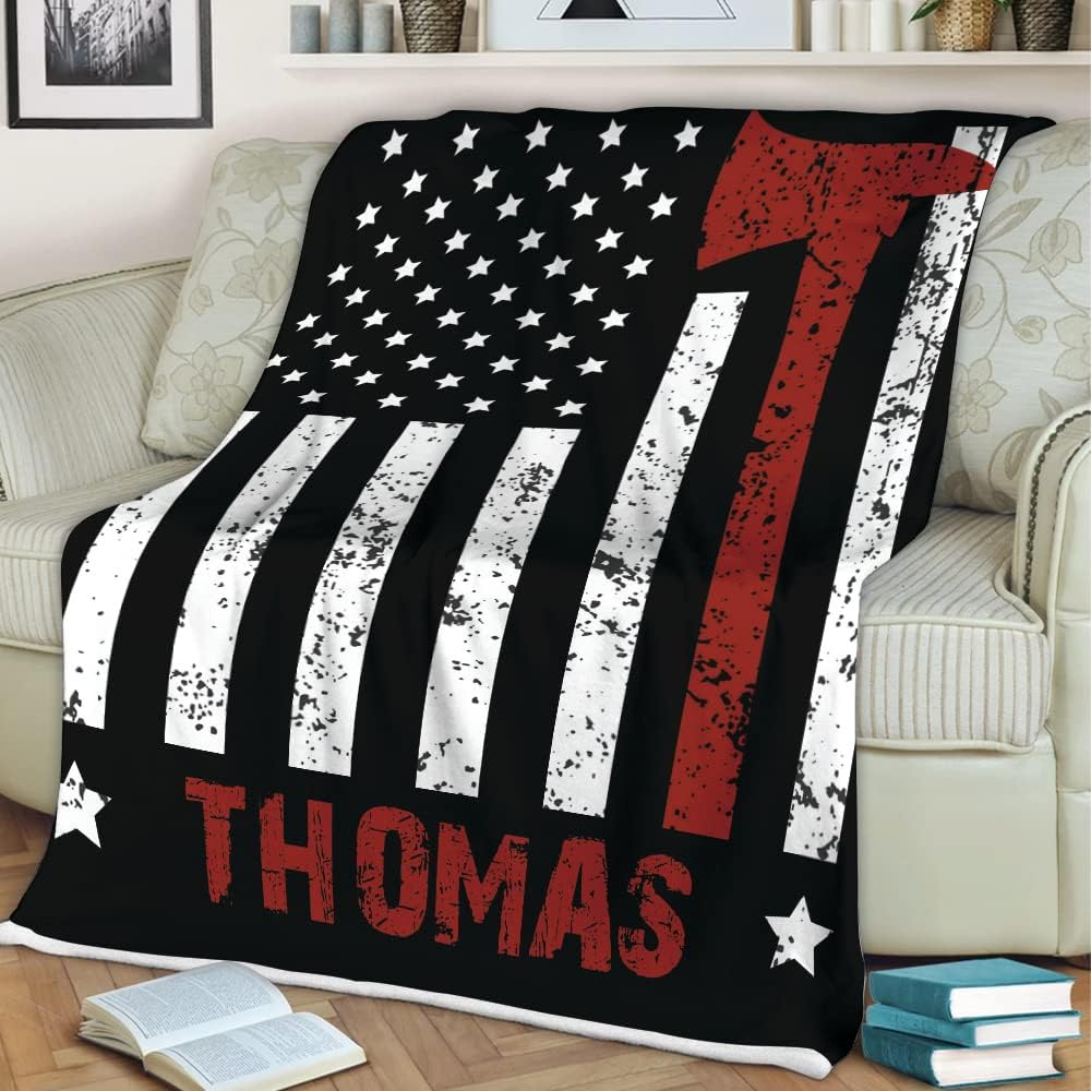 Personalized Firefighter Throws Blanket - Custom Name Number Patriot Pride Fireman Red Blue Thin Line American Flag Blanket, for Dad Fire Dept, Super Soft Fleece Couch Sofa Bed 02