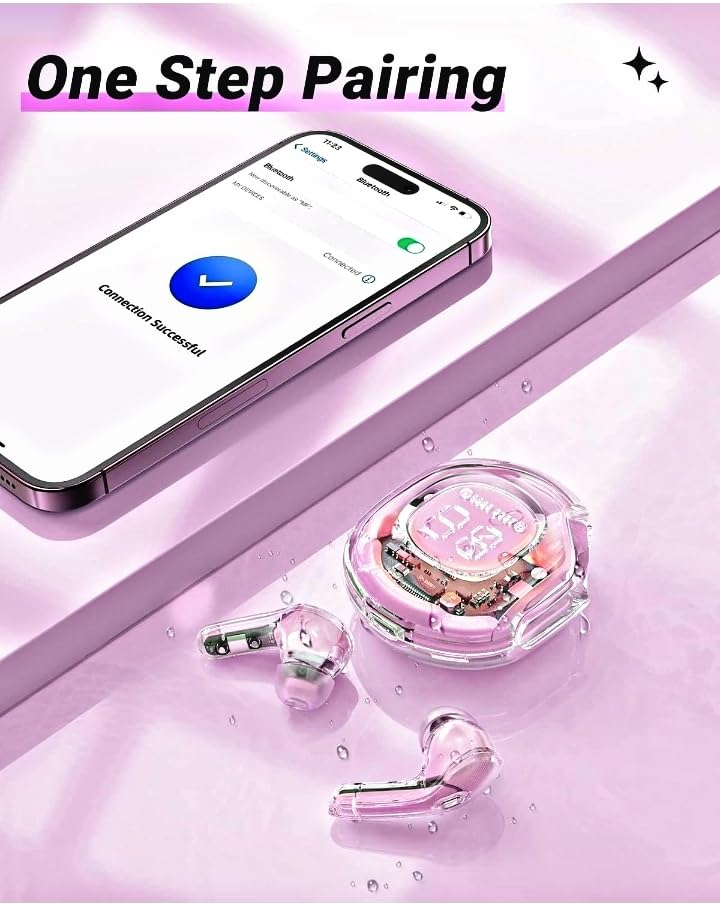 Image of W O Winwon ULTRAPODS PRO (TWS) Earbuds Bluetooth Wireless, Transparent Charging Case, Active Noise Cancellation, LED Digital Display, Bluetooth in-Ear Headphones, Touch Control, Water Resistant(Pink)