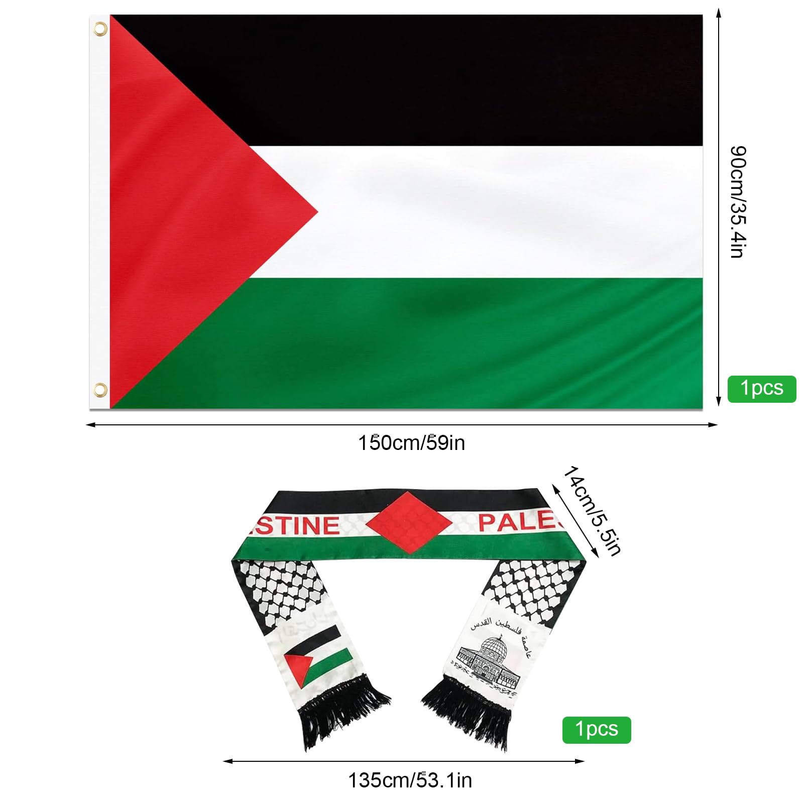 Sciarpa Bandiera Palestina 2 Pezzi - Doppia Faccia 135x14cm In Poliestere, Uomo E Donna - Foto 2