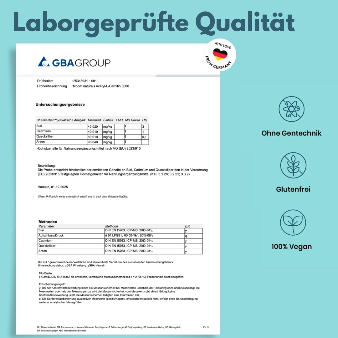Acetyl-L-Carnitin – 500 mg pro Kapsel – 250 Kapseln – 3000 mg pro Tagesportion – Vegan – produziert in Deutschland - Acetyl L Carnitin Kapseln Hochdosiert - Verpackung kann variieren - Laborgeprüft
