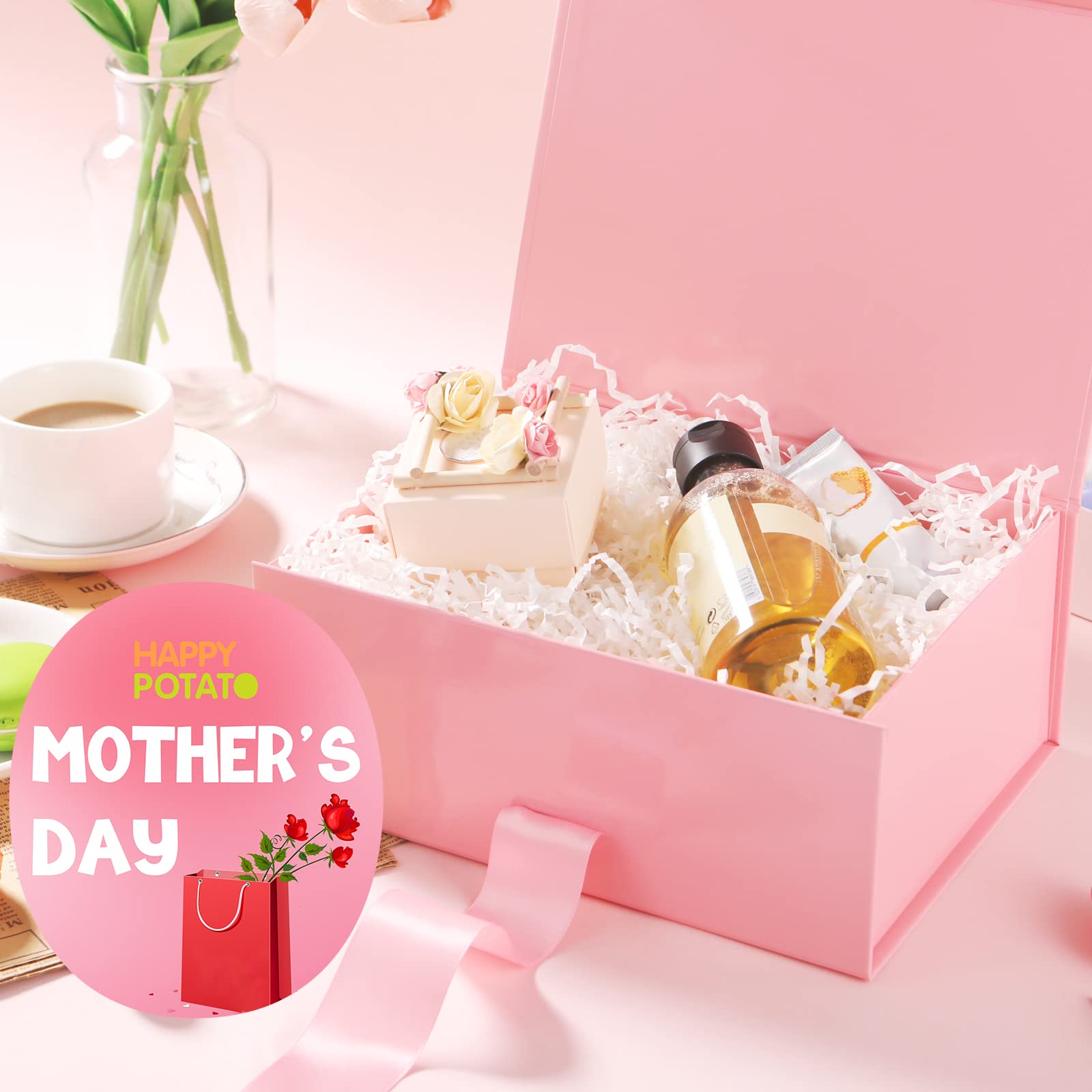HAPPY POTATO 5 Valentinstags-Geschenkboxen mit Band, 22,9 x 16,5 x 9,5 cm, rosa Geschenkbox mit Deckel, Brautjungfer-Antragsboxen, magnetische Geschenkboxen für Geschenke (glänzendes Rosa, 5 Stück)