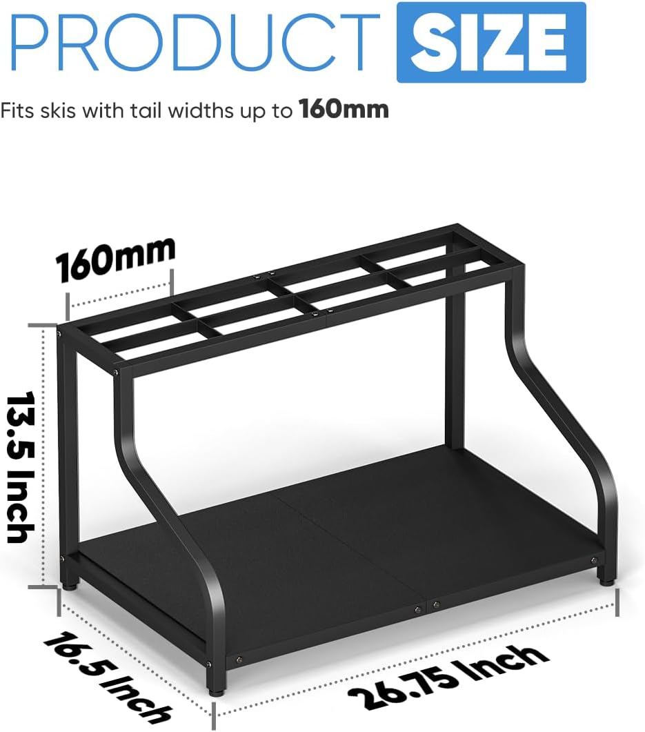 Ski Storage Rack for Garage — Freestanding Ski Holder for 4 Pair Skis, Boot, Helmet, Goggles, Indoor Snowboard Rack Organizer Stand for Home, Shed, Basement, Black Black 4 Pairs - For Adult