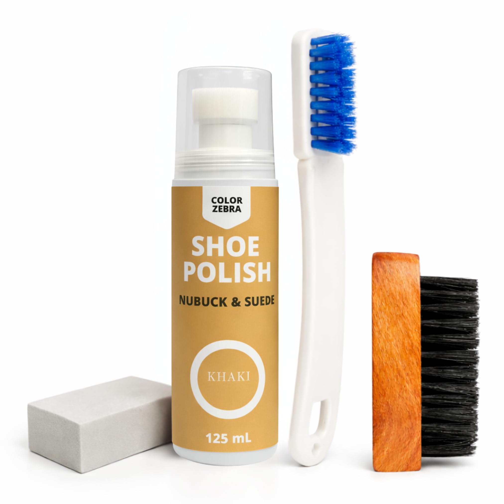 Color Zebra Nubuck & Suede Shoe Polish and Shoe Care Kit – Camel | 125 ML Renovator with Handled Brush, Wooden Suede Brush & Cleaning Block