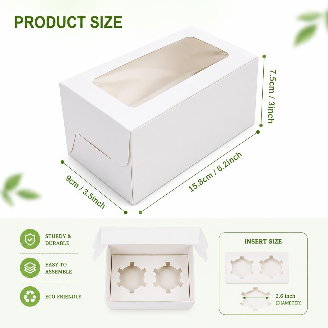 Pralb Paquete de 50 cajas de papel blanco para cupcakes con ventana de PVC y dos soportes para golosinas, caja de repostería y galletas, recipientes para cupcakes, caja de pasteles de panadería, caja