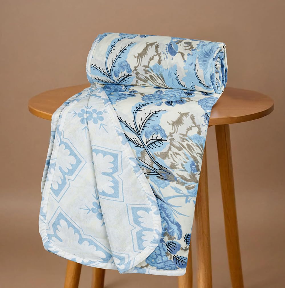 BSB HOME All-Season AC Dohar for Single Bed | 100% Microfiber | Lightweight Breathable Reversible 2 Layer Dohar Blanket for Summer & Air-Conditioned Rooms - Leaf Prints, White and Sky Blue