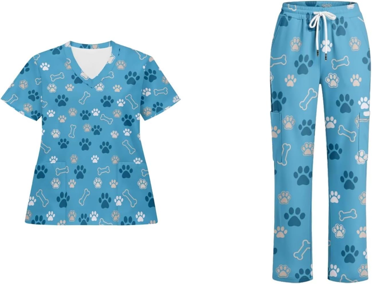 Printed Scrubs Set for Women Stretch V-Neck Scrub Tops with Pants, Pocket Medical Uniform for Nurse Doctor Work