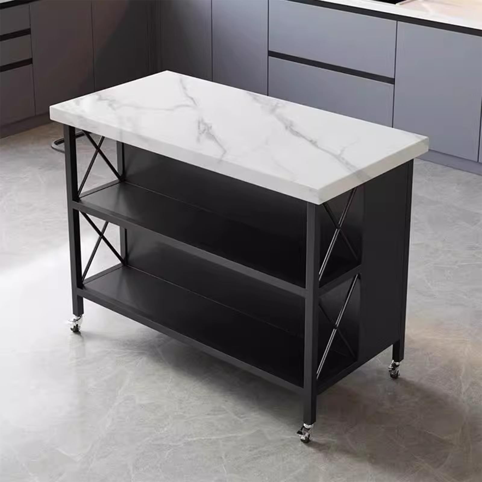 Armadietto per la preparazione della cucina Carrello portaoggetti mobile in metallo con isola da cucina piano in pietra e armadietto cassetti(Nero,Piccolo)