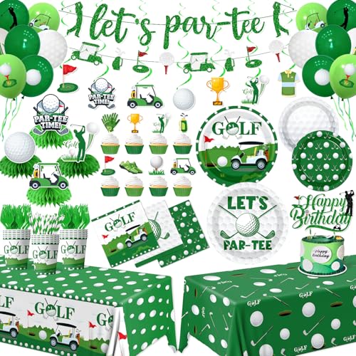 Image of Golf Party Decorations, All-in-1 Golf Birthday Decorations with Balloons Let's Par-Tee Plates Napkins Cake Toppers Honeycombs Tablecloths and Banner for Sports Themed Birthday Baby Shower, Serve 24