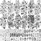 JOEHAPY 67 Sheets Black Realistic Rose Flower Temporary Tattoos For Women Girls Arm Thigh, Peony Moon Tiger Floral Temp Sleeve Tattoo Sticker Adult, Waterproof Fake Tatoos That Look Real And Last Long