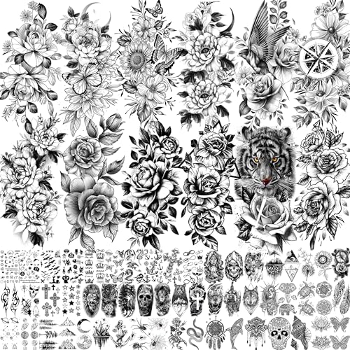 JOEHAPY 67 Sheets Black Realistic Rose Flower Temporary Tattoos For