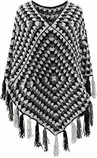 بونشو نسائي بنمط كروشيه، أبيض وأسود، بشراشيب، تصميم هندسي