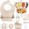 Silicone Baby Feeding Set, 10 Pcs Baby Led Weaning Supplies Suction Bowl Divided Plate Baby Bibs Fruit Feeder Baby Spoons Forks Sippy Cup Toddler Utensil Sets Baby Essentials for Newborn Gift