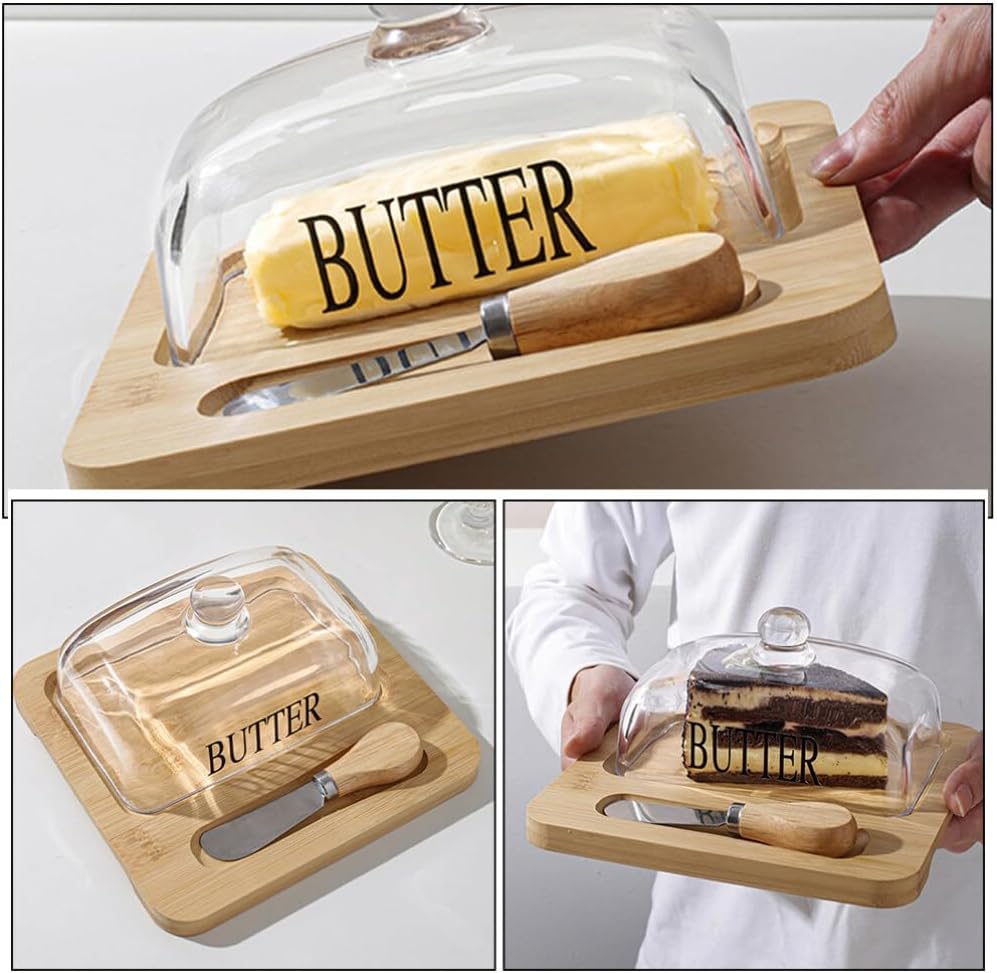 Cabilock Farmhouse Butter Dish with Lid Butter Dish with Lid and Knif e for Countertop Refrigerator, Wood Butter Holder with Glass Cover Knob Handle for Butter Stick Cheese Fruit Cake