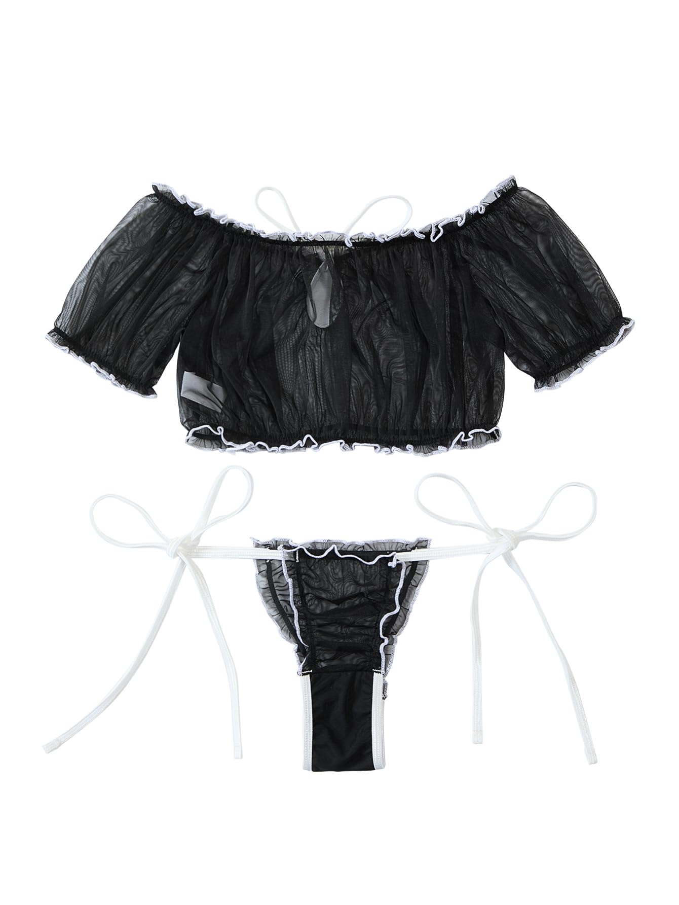 Lilosy Sexy Stretch Ruffle Tie Sheer Mesh Lingerie Set Outfits: 2X-Small Polka Dot Black White