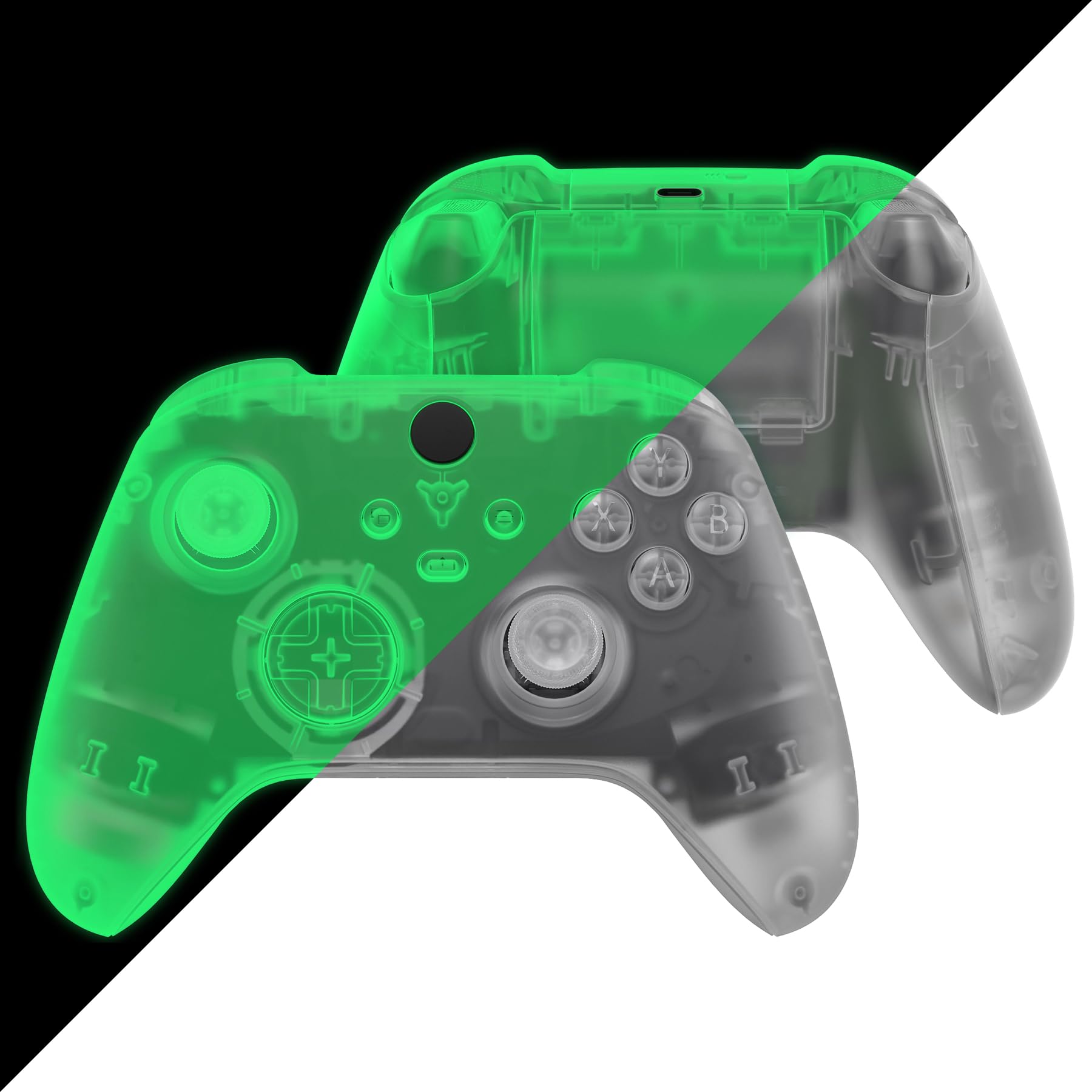 eXtremeRate Case & Buttons für Xbox Core Controller, DIY-Ersatz Front Hülle/Backplate/Tasten/Joysticks Set, Custom Full Gehäuse Skin Cover Zubehör für Xbox Series X/S Controller-Glow in Dark Grün