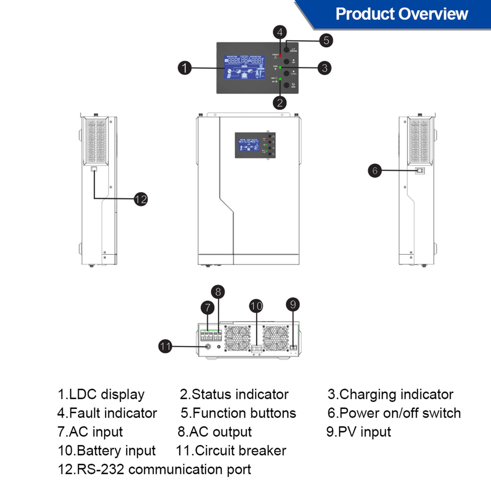 BONAD Inverter Solare,Inverter Ibrido,Inverter A Onda Sinusoidale Pura da 3500/5500W,Max Pv 500V,Controller Fotovoltaico 100A Mppt,con Wi-Fi,3.5KW