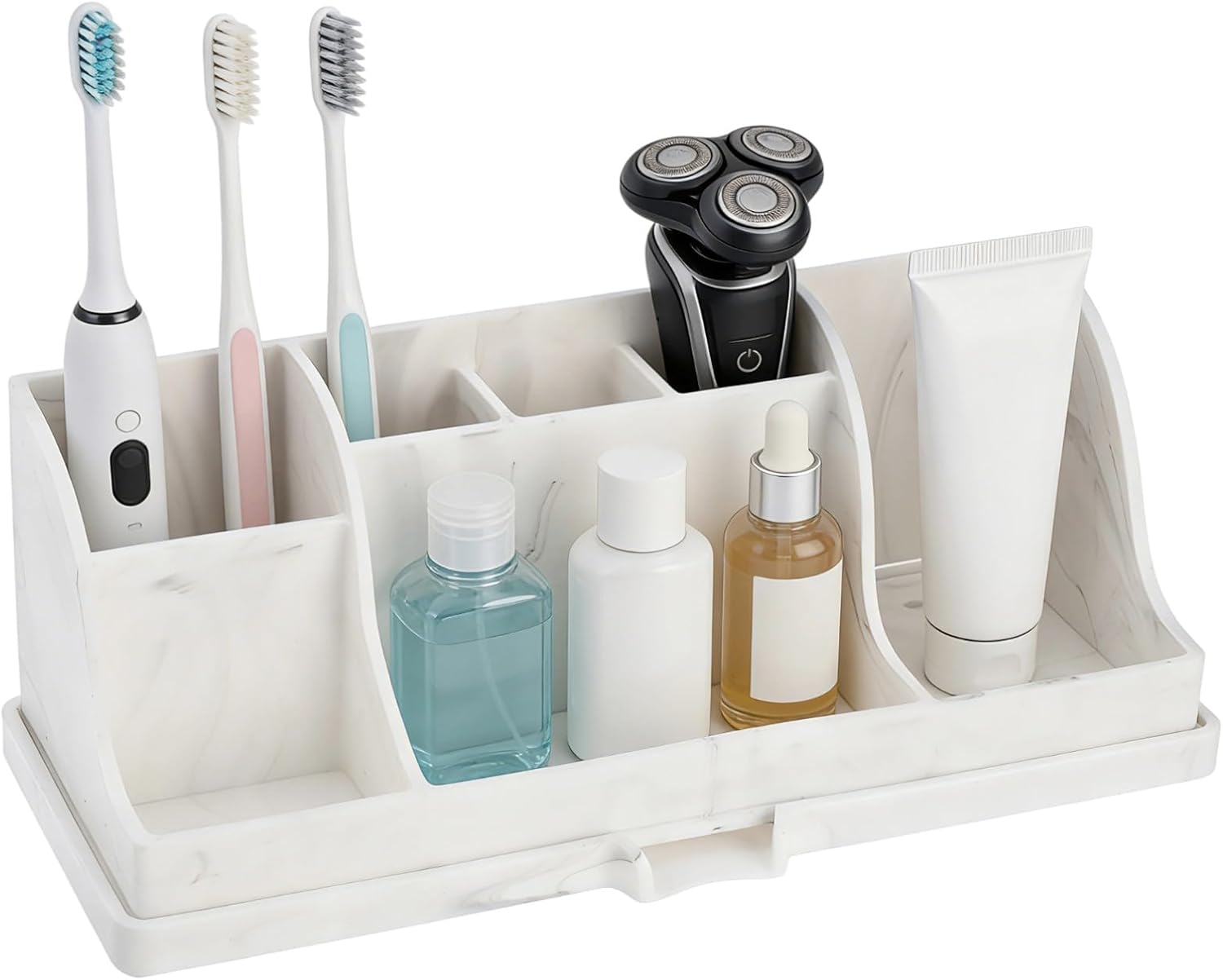 Electric Toothbrush Holder for Bathroom, 7 Slot Silicone Toothbrush and Toothpaste Holder, Detachable Bathroom Organizer Countertop with Drainage Holes, Weighted Base, Marble Pattern White Gray