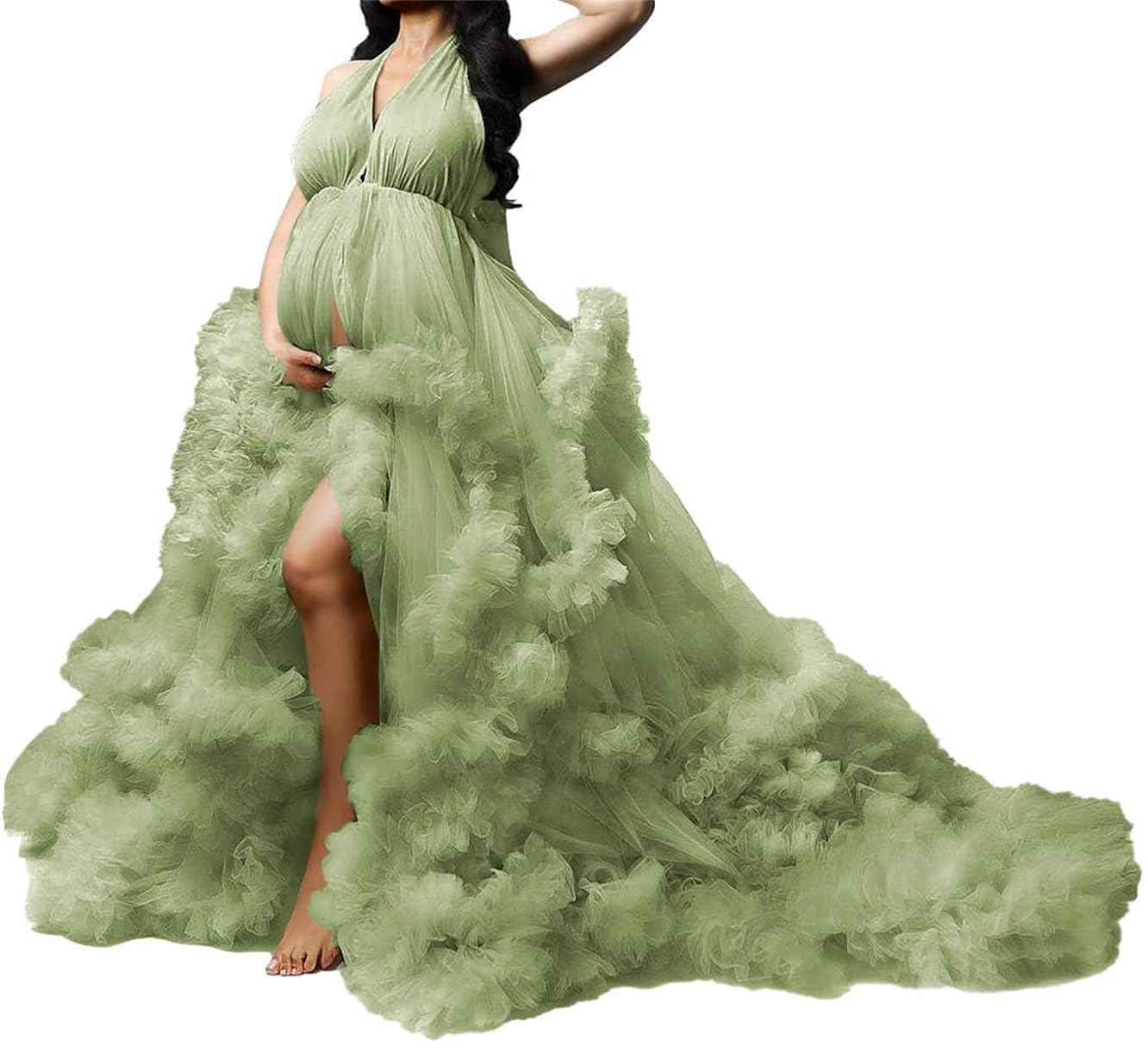 Aherkll Women's Sage Green Tulle Maternity Dress For Photoshoot Long Robe Puffy Bridal Lingerie Dressing Gown Wedding Scarf Baby Shower Zm010 Uk12