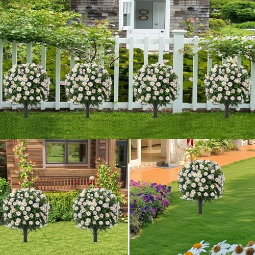 Image of 2 Pack Artificial Boxwood Topiary White Mum Flowers 24 UV Resistant Outdoor