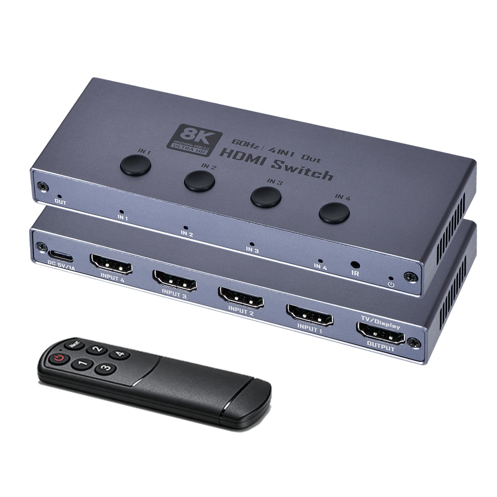 Switch HDMI 2.1 8K, commutatore HDMI 2.1, 4 in 1, supporta CEC 8K@60Hz, 4K a 240Hz, 1080P@4800Hz, HDCP 2.3 HDR 3D Dolby Atmos VRR Compatibile con PS5 Xbox Blu-Ray Player con telecomando IR