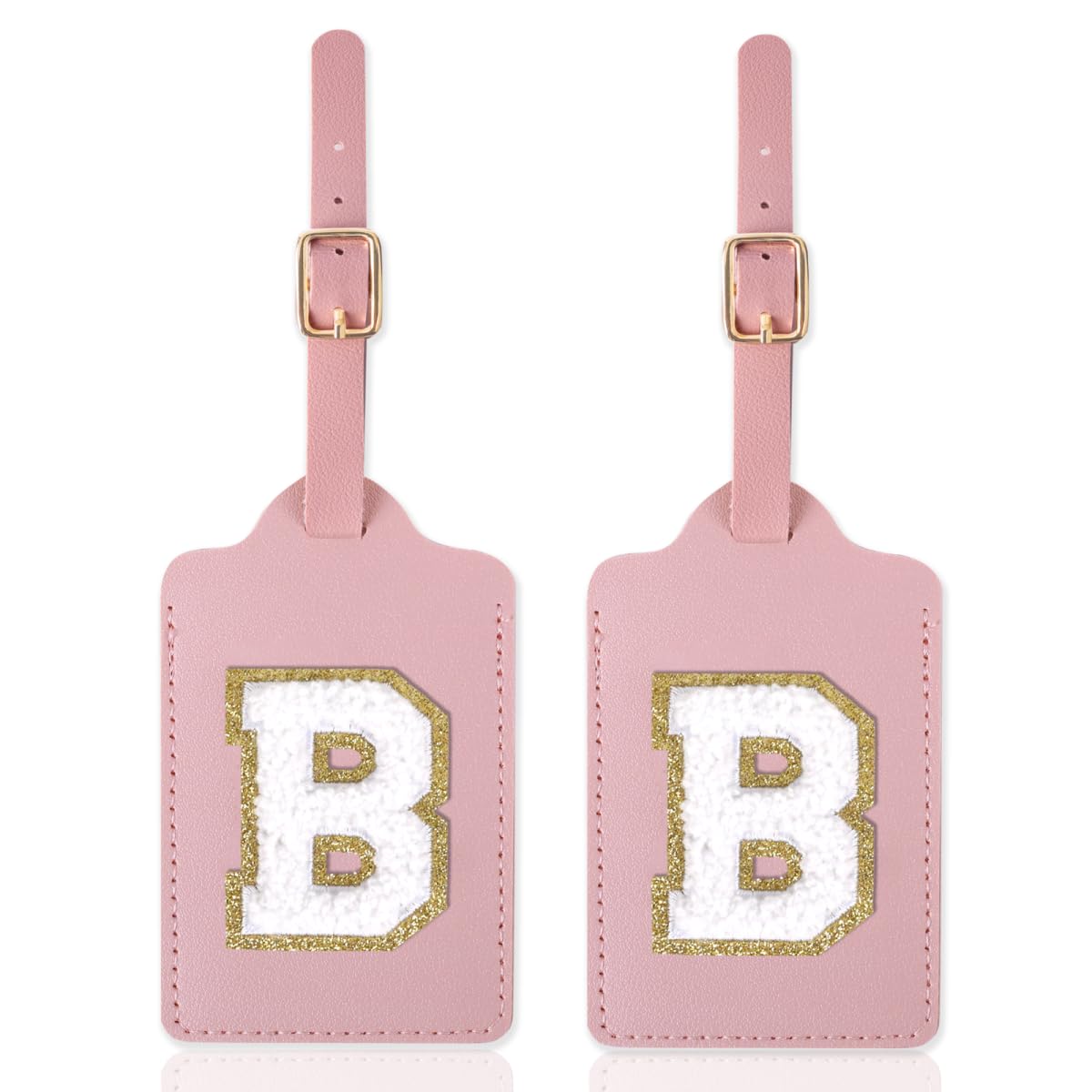 2 Pack Personalized Initial Luggage Tags for Suitcases with Chenille Letter, Cute Leather Luggage Tag Monogrammed Tags for Baggage Bag Travel Gifts for Women Kids Teens(Pink_B)