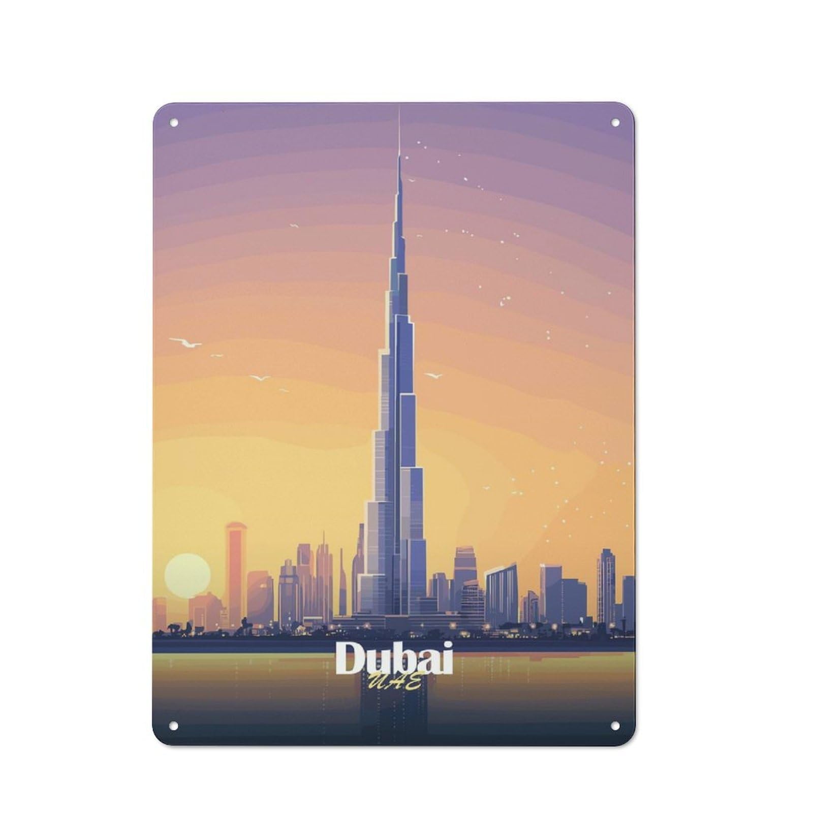 Dubai Skyline at Sunset Cottage Style Metal Wall Decor 40x30cm, Tin Wall Plaque for Kitchen, Cottage, Porch Or Garden Room