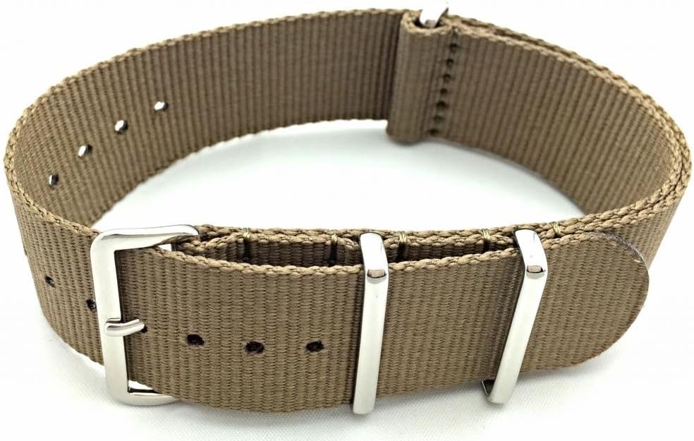 24mm Khaki Nylon Fabric Watch Strap | Heavy Duty, Military Style Replacement Wrist Band with Stainless Steel Buckle for Men and Women -- Khaki