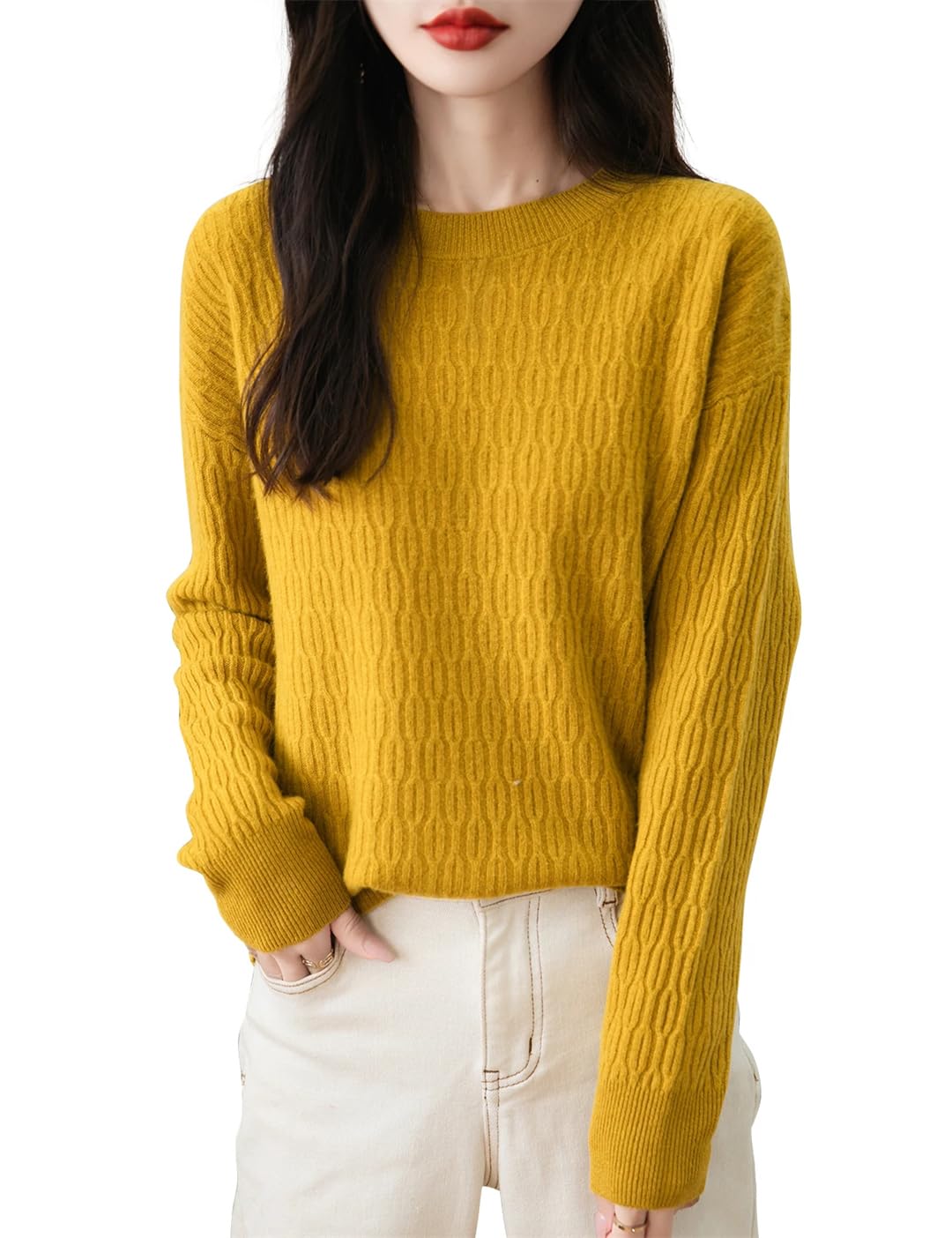 Damski sweter z mieszanki wełny z okrągłym dekoltem sweter z długim rękawem sweter ciepły dzianinowy solidny sweter, BEŻOWY, M