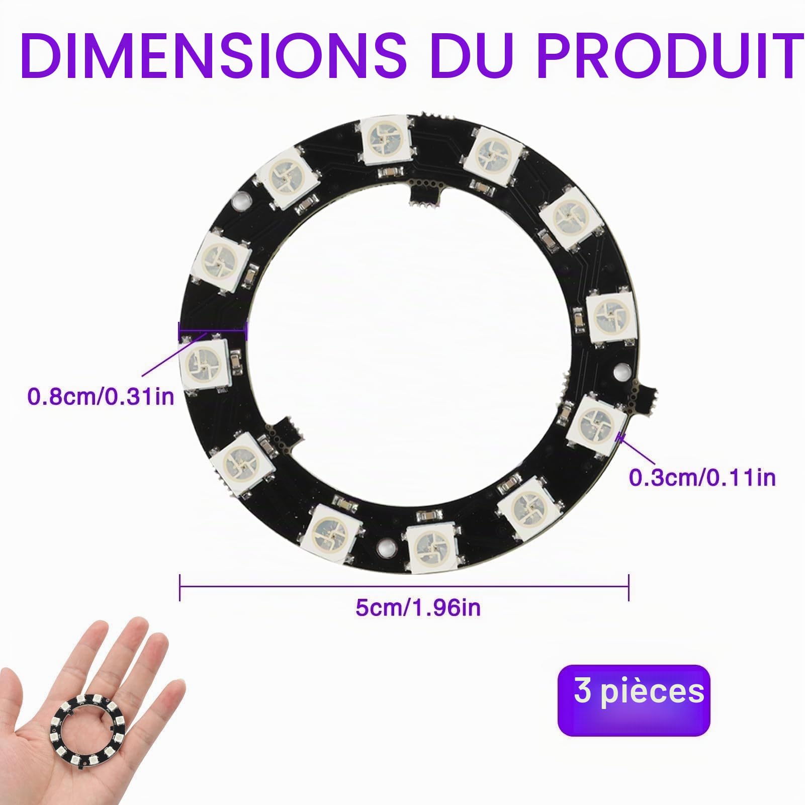 Led Ws2812b 3 X Anneau LED 5V RVB Compatible Avec WS2812B 12-Bit De 50mm - Parfait Pour Arduino Et Raspberry Pi, Pour Une Installation Facile Ws2812b 16x16 Eco Panel，interrupteur Electronique