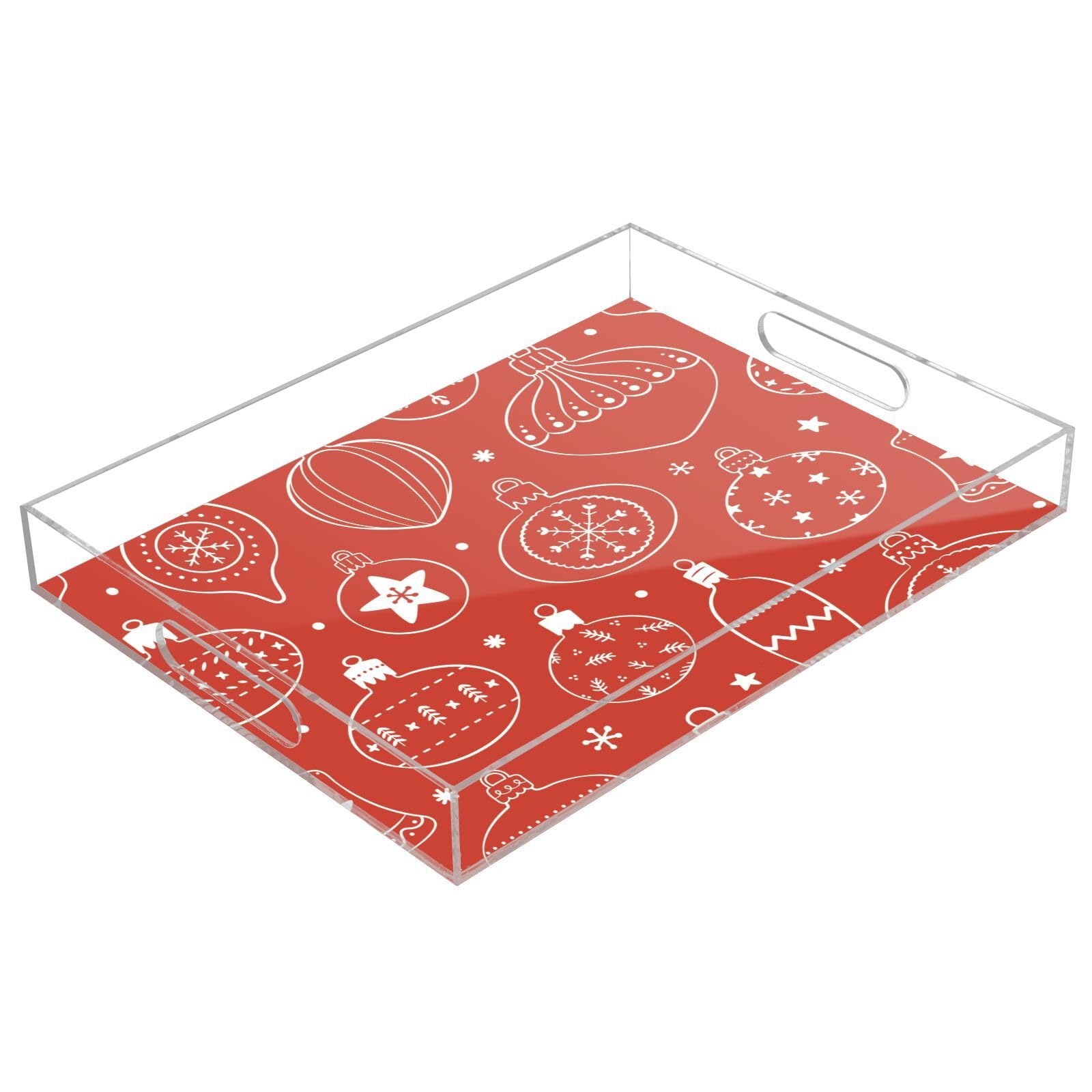 Bandeja acrílica transparente con asas, bandeja decorativa transparente de 12 x 16 pulgadas, patrón dibujado a mano, bonitas bandejas de servir navideñas a prueba de derrames, transparente