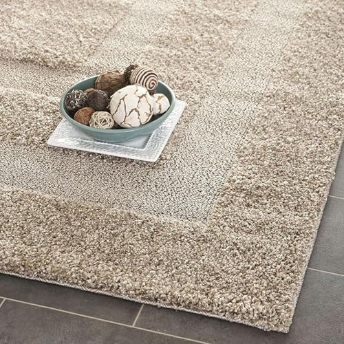 Image of Beige Microfiber Plush Shaggy Carpet 12x14 Feet Designed with Soft Dense Fibers, Anti Skid Backing and Handwoven Comfort for Bedrooms, Living Rooms and Home Spaces