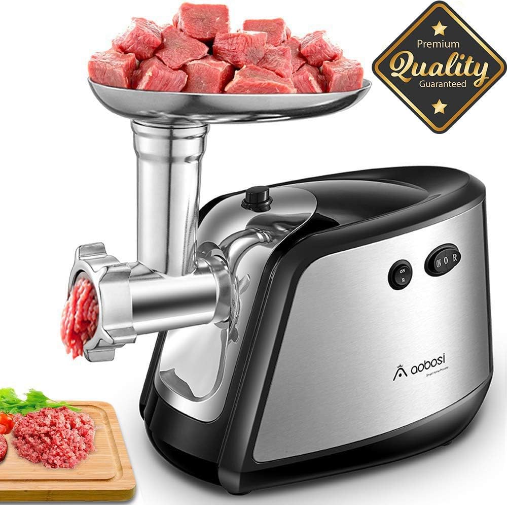 Aobosi Electric Meat Grinder, 3-in-1 Stainless Steel Meat Mincer with 3 Grinding Plates, Sausage Maker Kit&Kibbe Attachment, Food Grade Material, 1200W Max Grinder for Home&Commercial Use