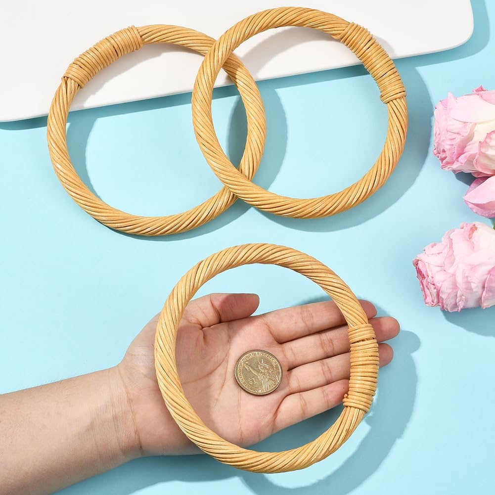 Beebeecraft 4Pcs Rattan Purse Handles 12.7x13cm Round Wooden Ring Bag Handles Handbag Replacement for Crochet Woven Beach Bag Making Supplies