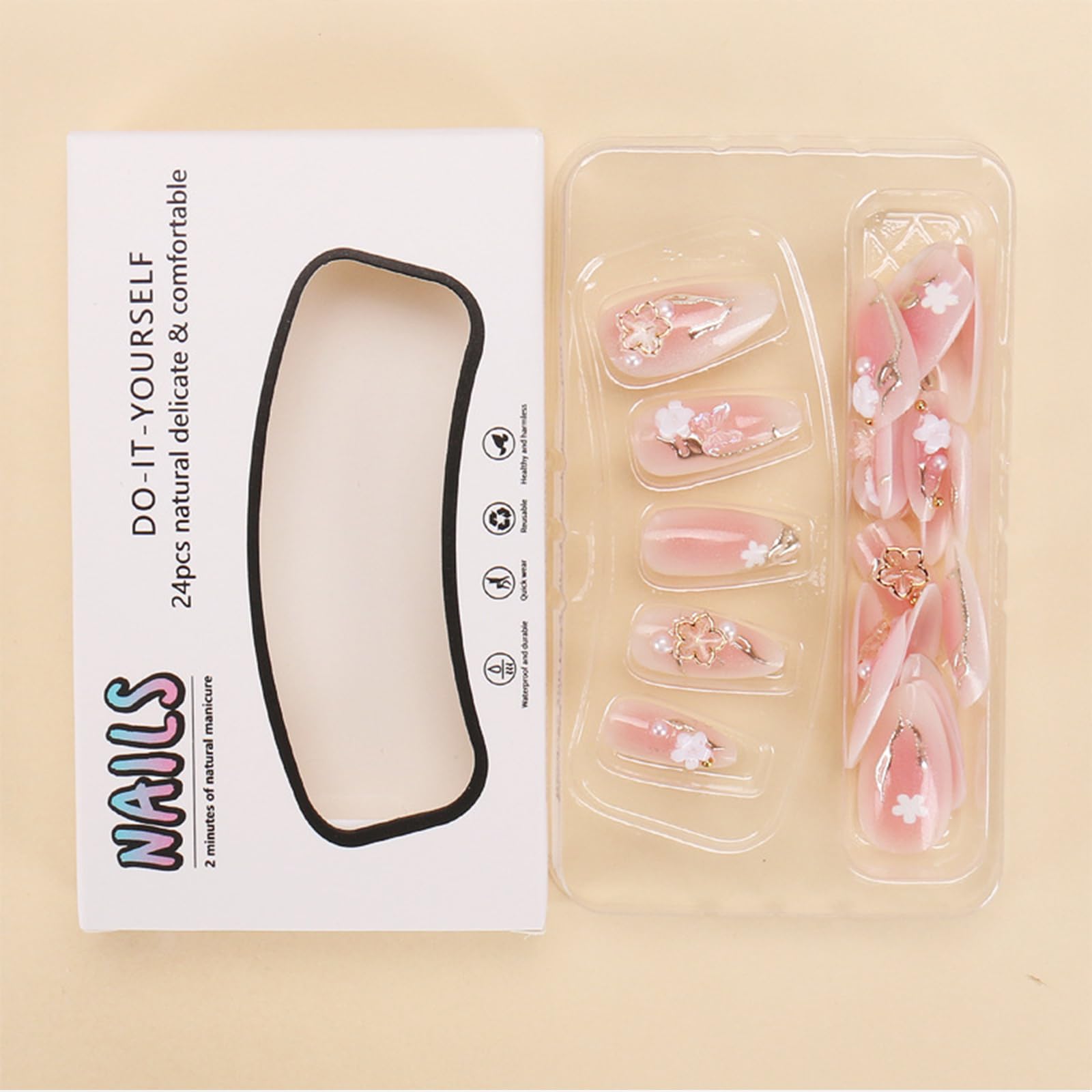 GlamRays 3D Flower Crystal Press on Nails Medium Almond Shape False Nails Glossy Pink Full Coverage Acrylic False Nails with Decorations Golden Line Designs 24 Pieces - Image 4