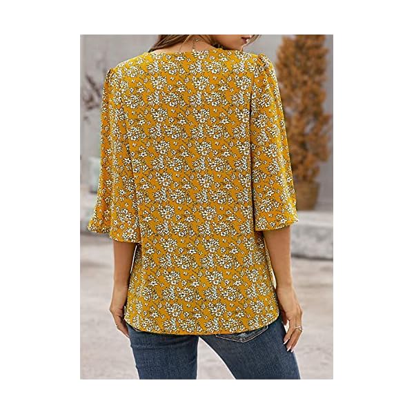Ecrocoo Summer Tops for Women Ladies Juniors Teen Girls Fashion Casual Stylish V Neck Bell Sleeve Boho Flower Pattern Button Down Tops Loose Fitting Flowy Flutter Blouses Shirts for Vacation,Yellow L