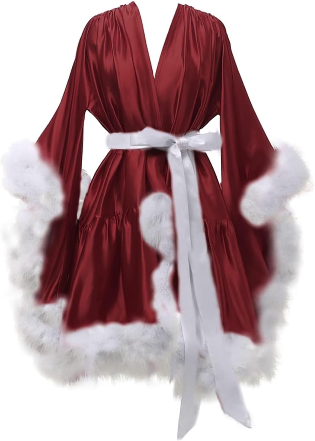 Changuan Women's Feather Robe Silk Satin Fur Bridal Robe Short Dressing Gown Bathrobe Lingerie Nightgown Sleepwear