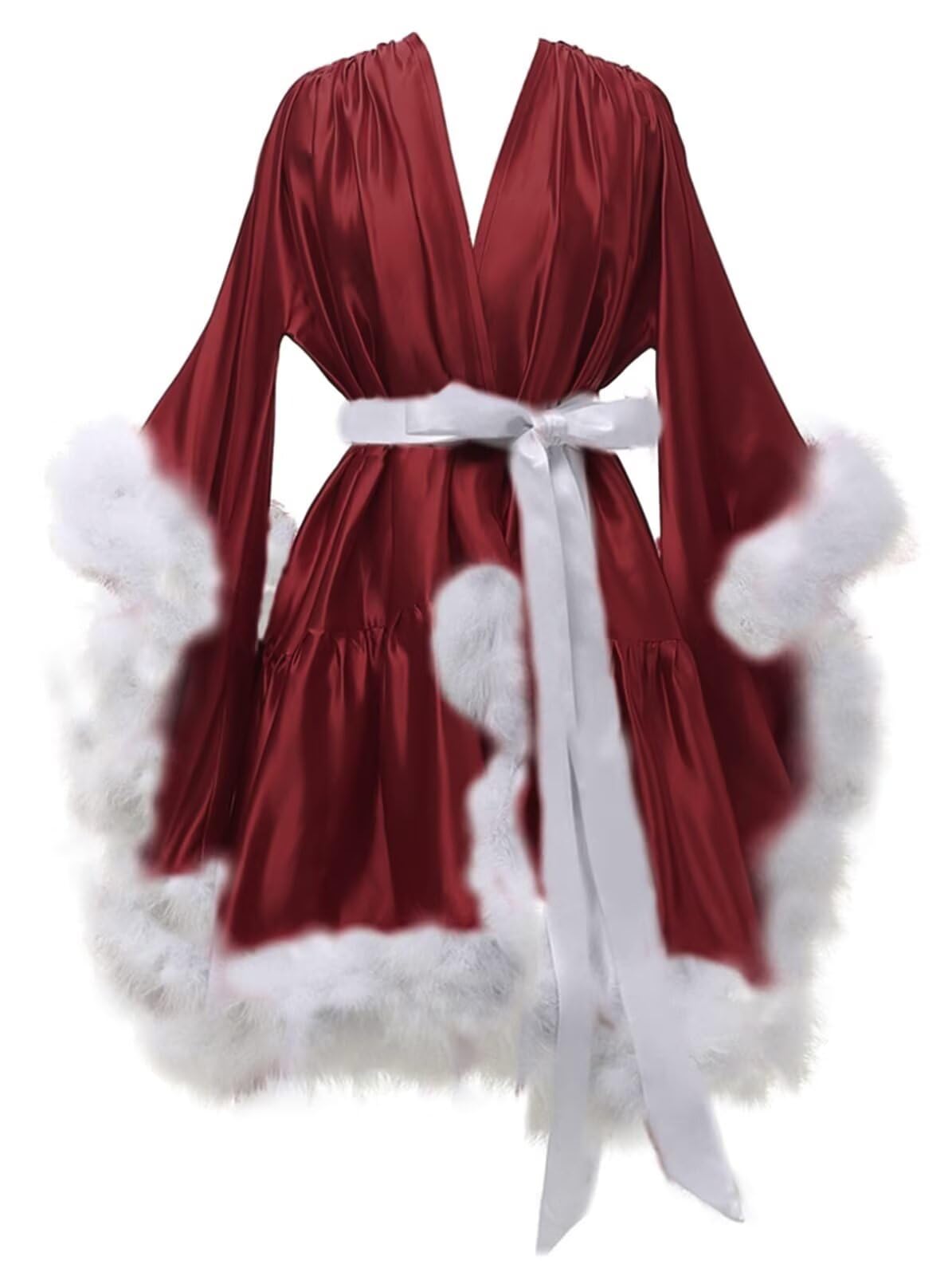 Changuan Women's Feather Robe Silk Satin Fur Bridal Robe Short Dressing Gown Lingerie Nightgown Bathrobe Sleepwear