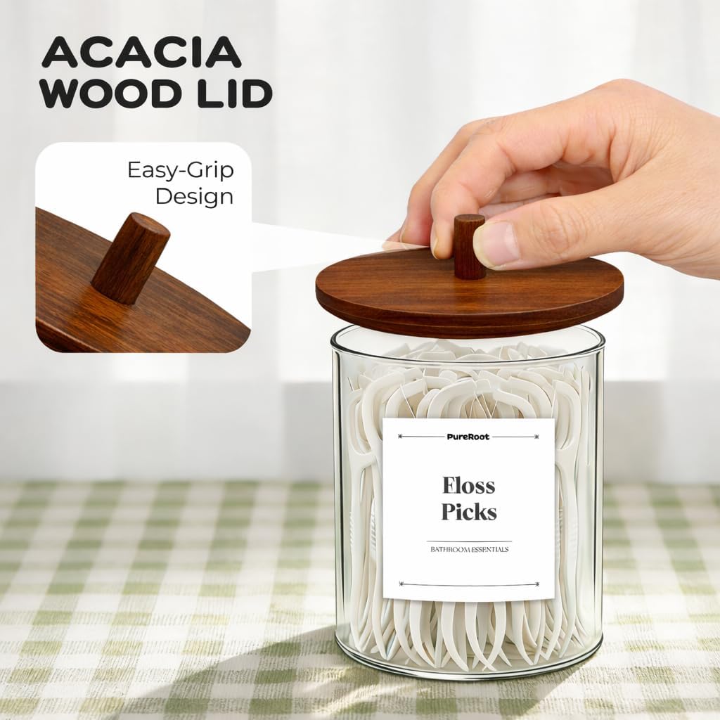 Glass Qtip Holder Dispenser Set - 15oz & 10oz Cotton Swab Holder with Acacia Wooden Lids, Bathroom Canisters Apothecary Jar Vanity Storage Organizer for Cotton Balls, Floss Picks (6 Pack)