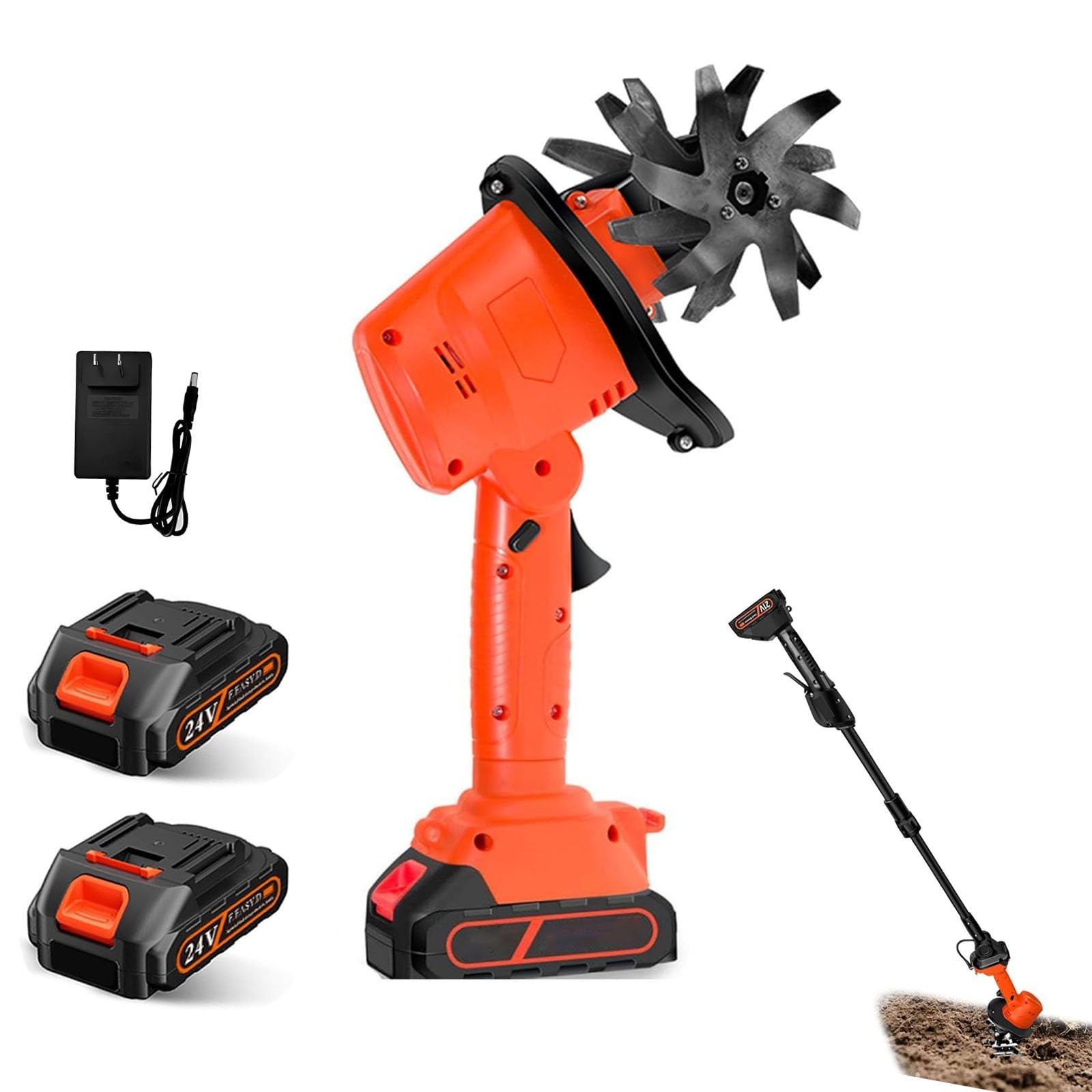 Motobineuse Électrique Portable 24V, 235 RPM Motoculteur avec 2 Batteries et Charge, 1,3m Manche Amovible, 10/10cm de Travail, pour Jardin, Verger, Potager et Champ de Légumes