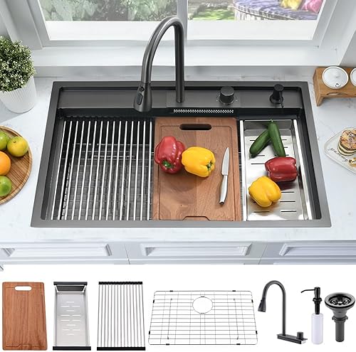 Miniatura 10 de Bokaiya - Fregadero de estación de trabajo de 33 pulgadas con enjuague de vidrio acero inoxidable fregadero de cocina de montaje superior de 33 x 19