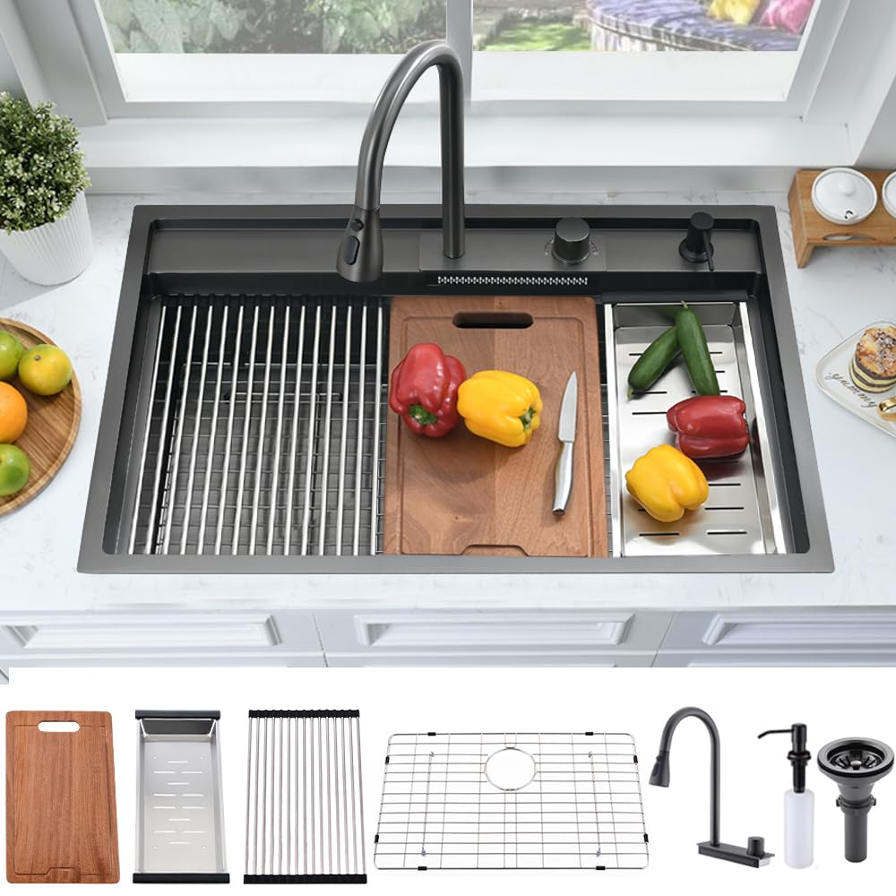 Évier de cuisine cascade noire 83cm, le cœur moderne de vos repas en famille